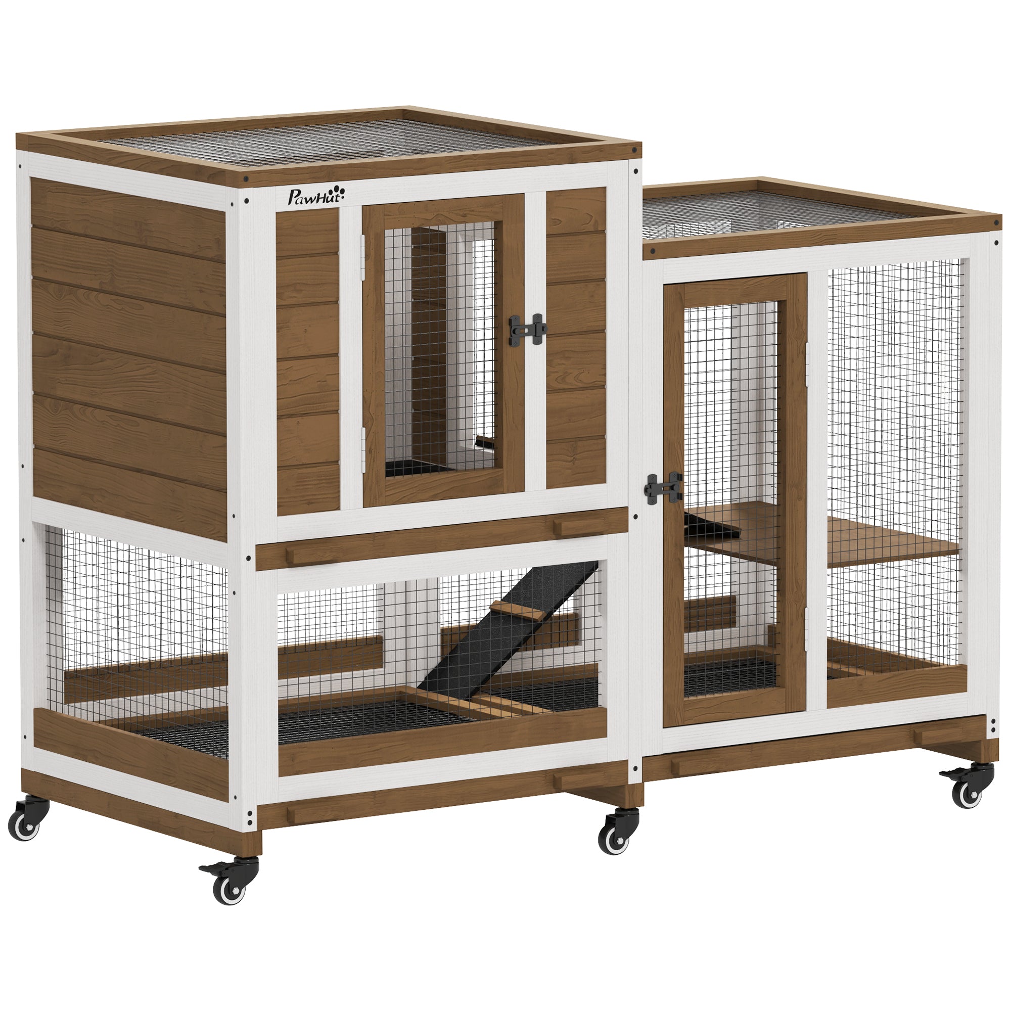 Two-Level Wooden Rabbit Hutch with 6 Wheels 2 Ladders 3 Removable Trays Doors with Locks and Open Area Indoor Rabbit Hutch 110x50x86 cm Brown and White