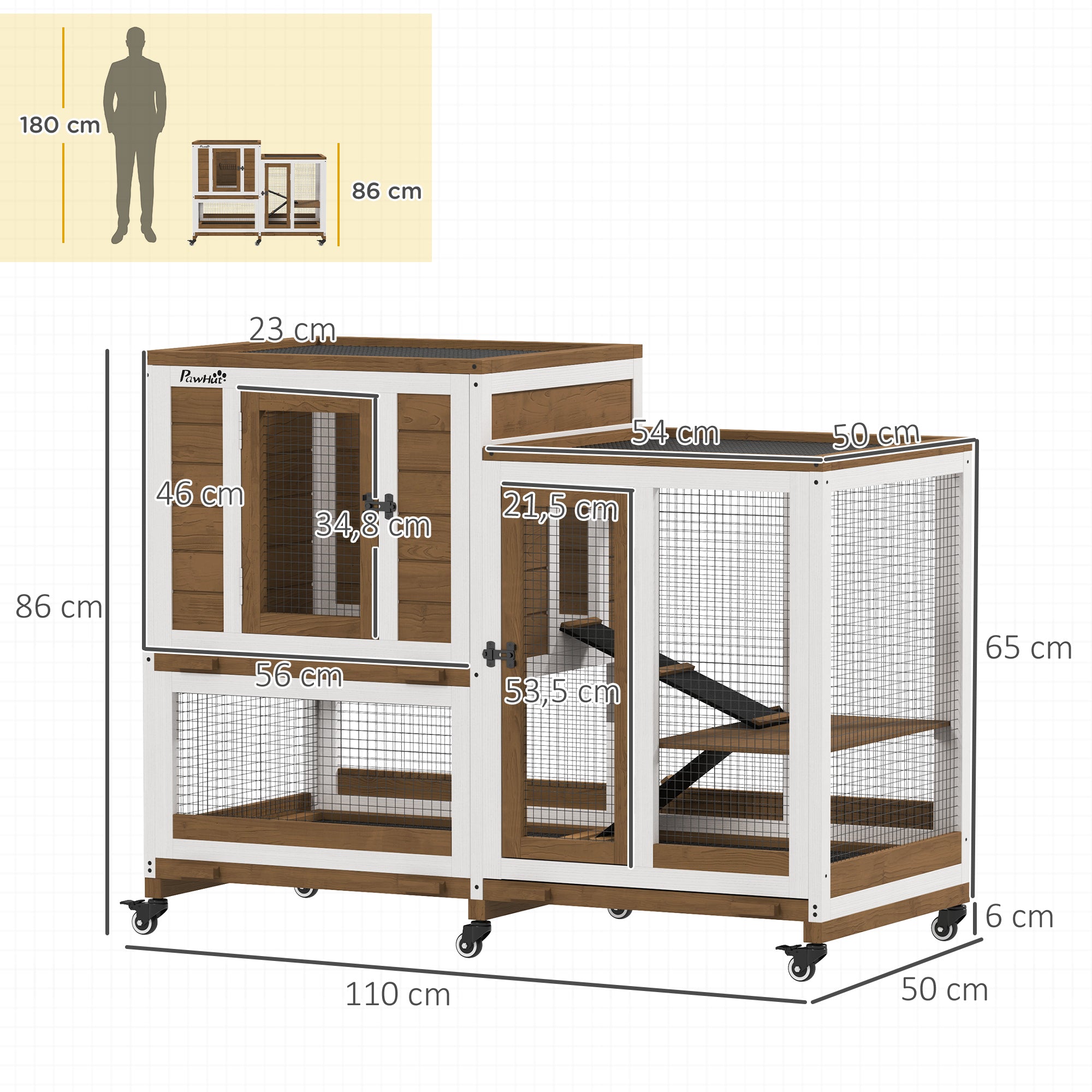 Two-Level Wooden Rabbit Hutch with 6 Wheels 2 Ladders 3 Removable Trays Doors with Locks and Open Area Indoor Rabbit Hutch 110x50x86 cm Brown and White