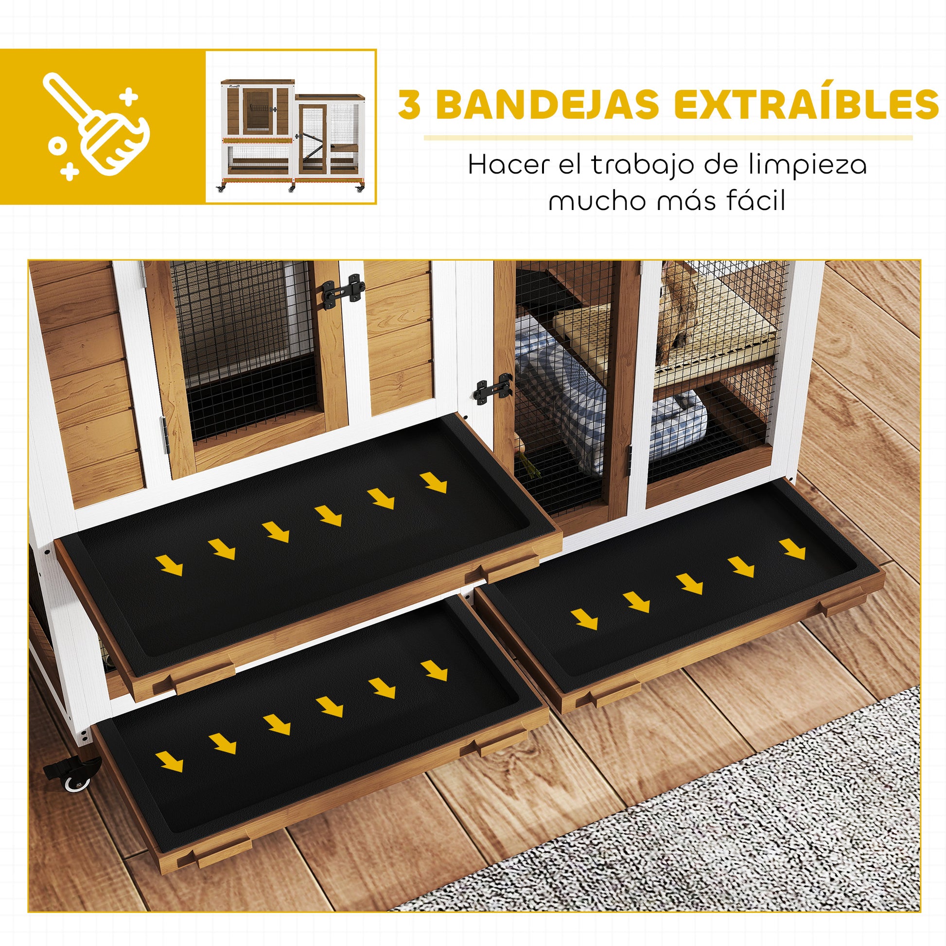 Two-Level Wooden Rabbit Hutch with 6 Wheels 2 Ladders 3 Removable Trays Doors with Locks and Open Area Indoor Rabbit Hutch 110x50x86 cm Brown and White