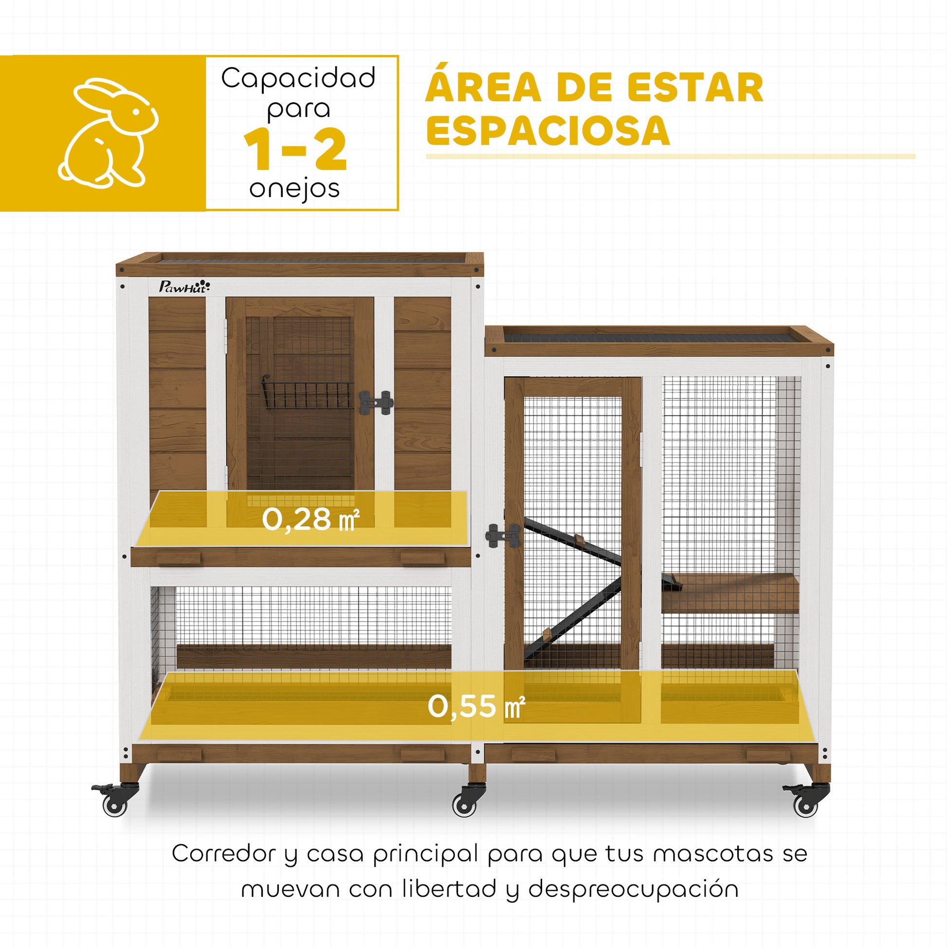 Two-Level Wooden Rabbit Hutch with 6 Wheels 2 Ladders 3 Removable Trays Doors with Locks and Open Area Indoor Rabbit Hutch 110x50x86 cm Brown and White