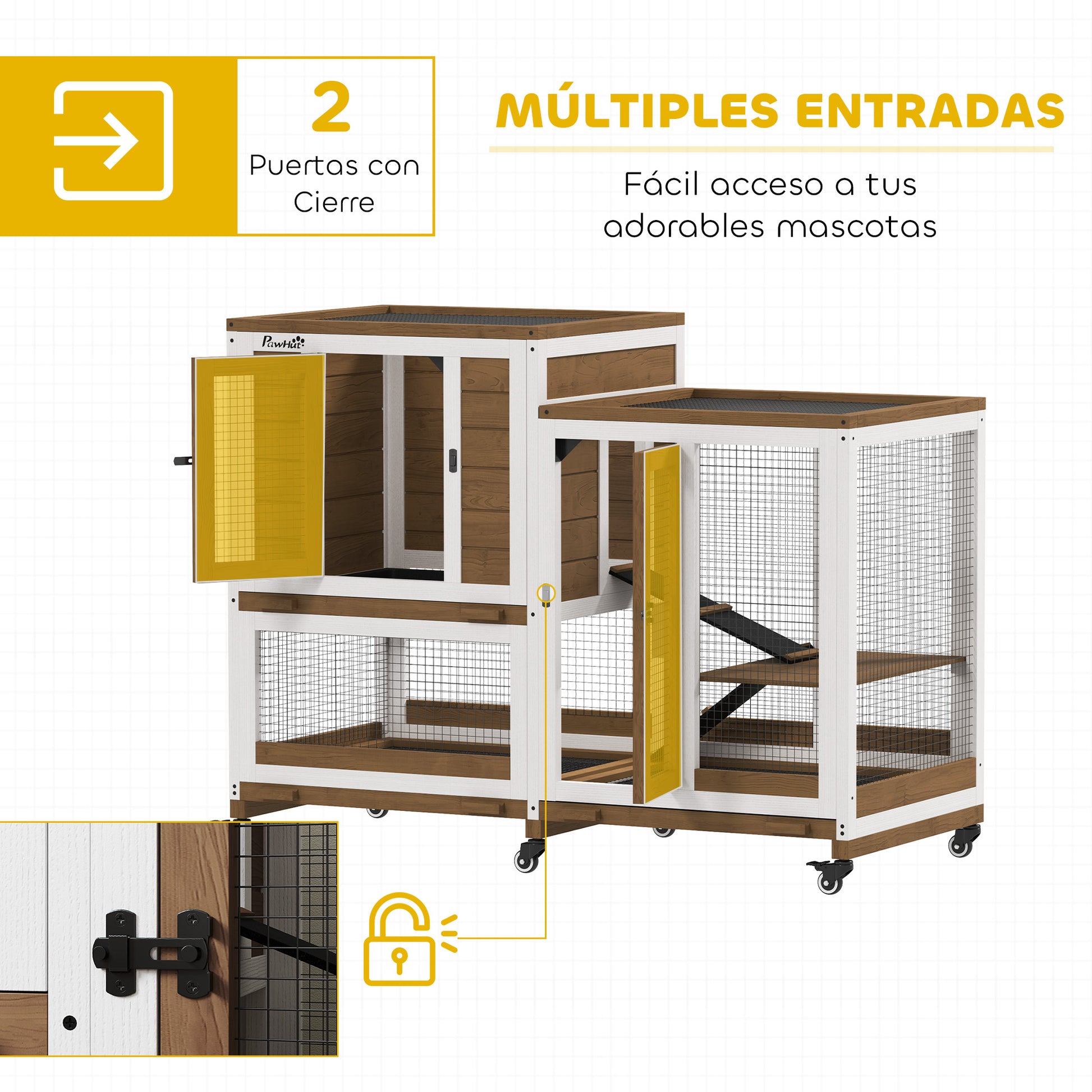 Two-Level Wooden Rabbit Hutch with 6 Wheels 2 Ladders 3 Removable Trays Doors with Locks and Open Area Indoor Rabbit Hutch 110x50x86 cm Brown and White