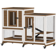 Two-Level Wooden Rabbit Hutch with 6 Wheels 2 Ladders 3 Removable Trays Doors with Locks and Open Area Indoor Rabbit Hutch 110x50x86 cm Brown and White