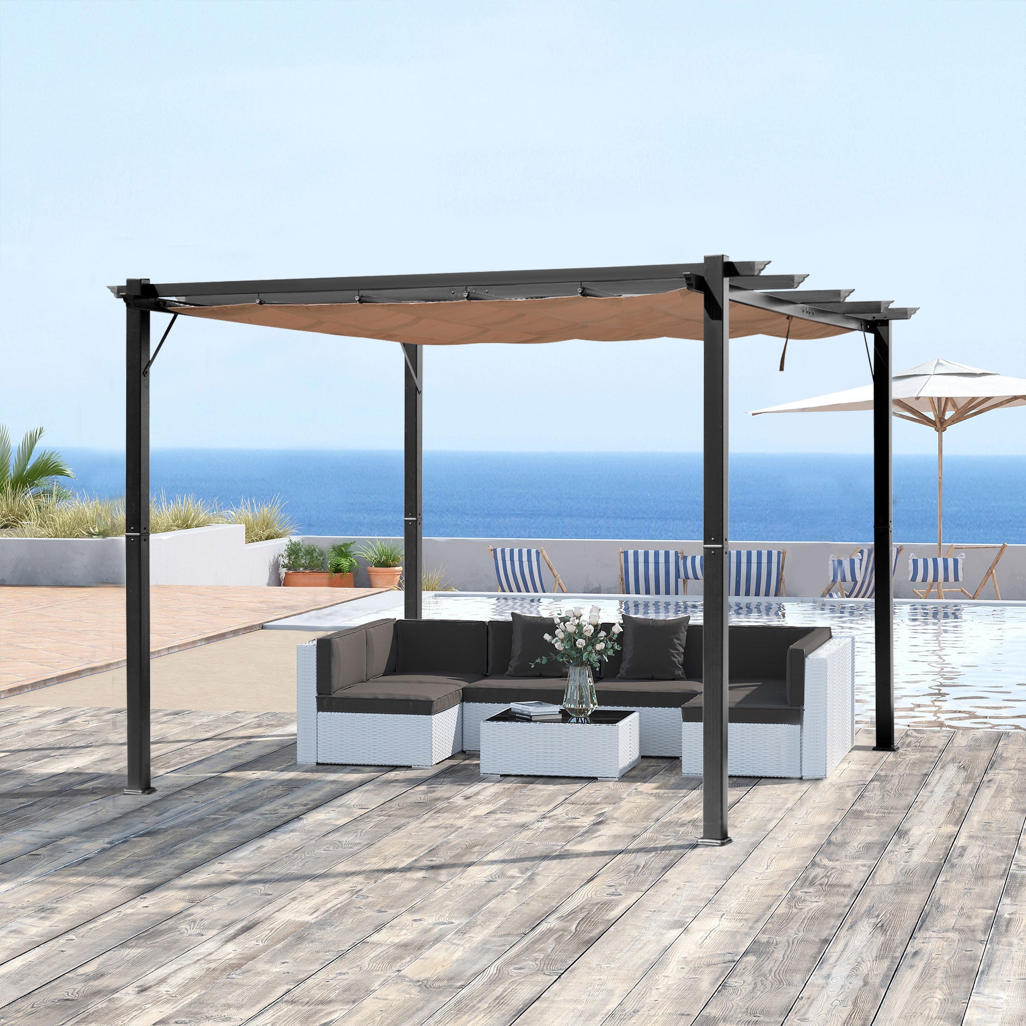Pergola Pavilion with Adjustable Fabric Roof 3 x 4 m Patio Canopy Aluminum Sun Protection Cover Terrace Garden Gray+Brown