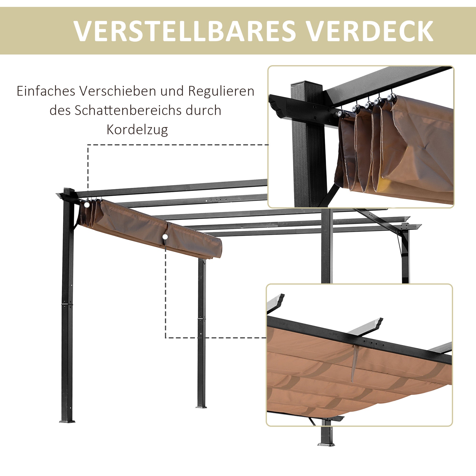 Pergola Pavilion with Adjustable Fabric Roof 3 x 4 m Patio Canopy Aluminum Sun Protection Cover Terrace Garden Gray+Brown