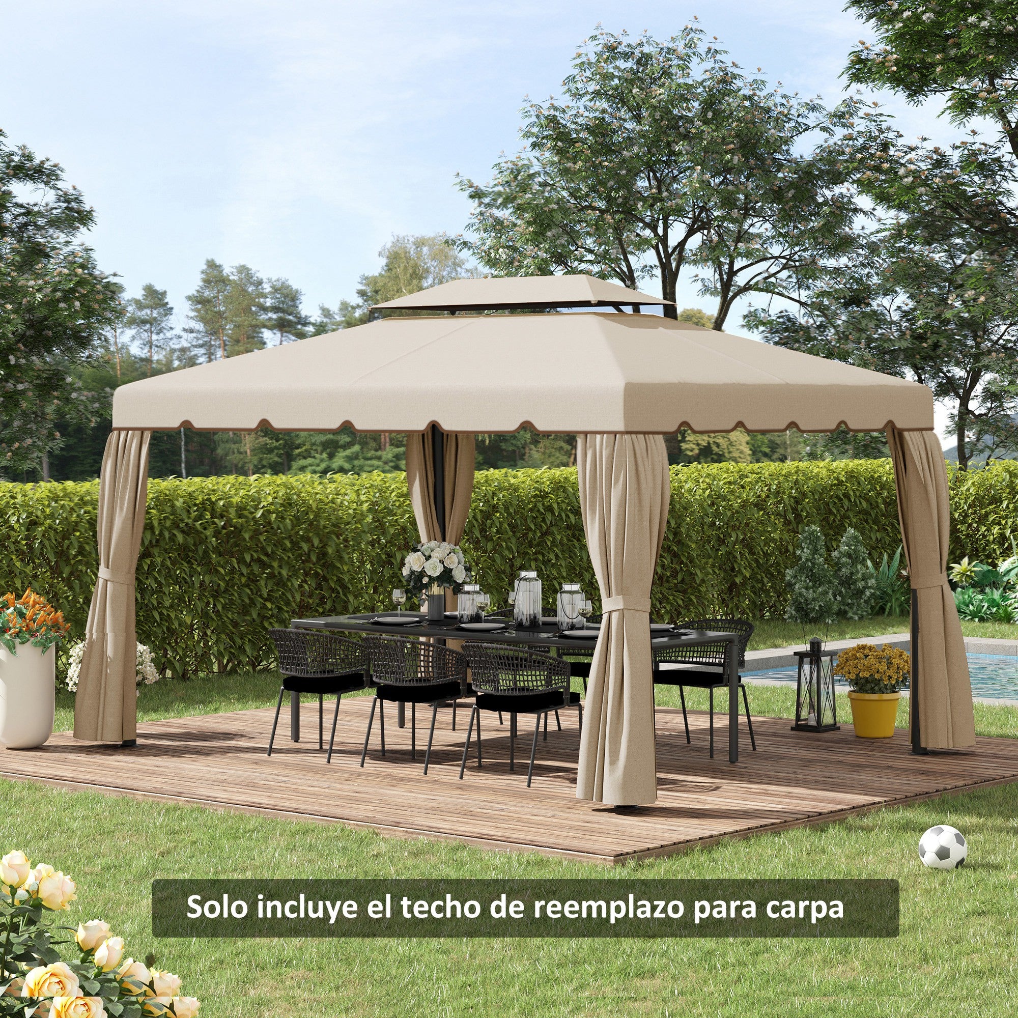 Replacement Roof for Gazebo 4x3 m Replacement Cover with Double Roof with 8 Drainage Holes Replacement Canopy for Gazebo Pavilion Beige