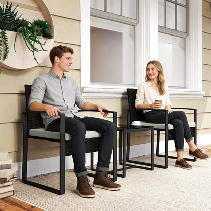 3-Piece PE Rattan Bistro Set — 2 Outdoor Chairs & Glass Table with Removable Cushions, Cream White