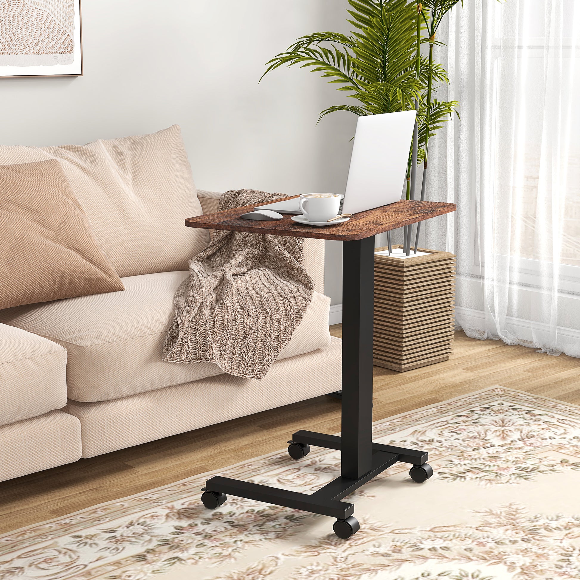Height Adjustable Computer Desk, Laptop Table with Wheels, Sit-Stand Desk, Mobile Side Table with Hand Crank for Living Room, Bedroom, Rustic Brown