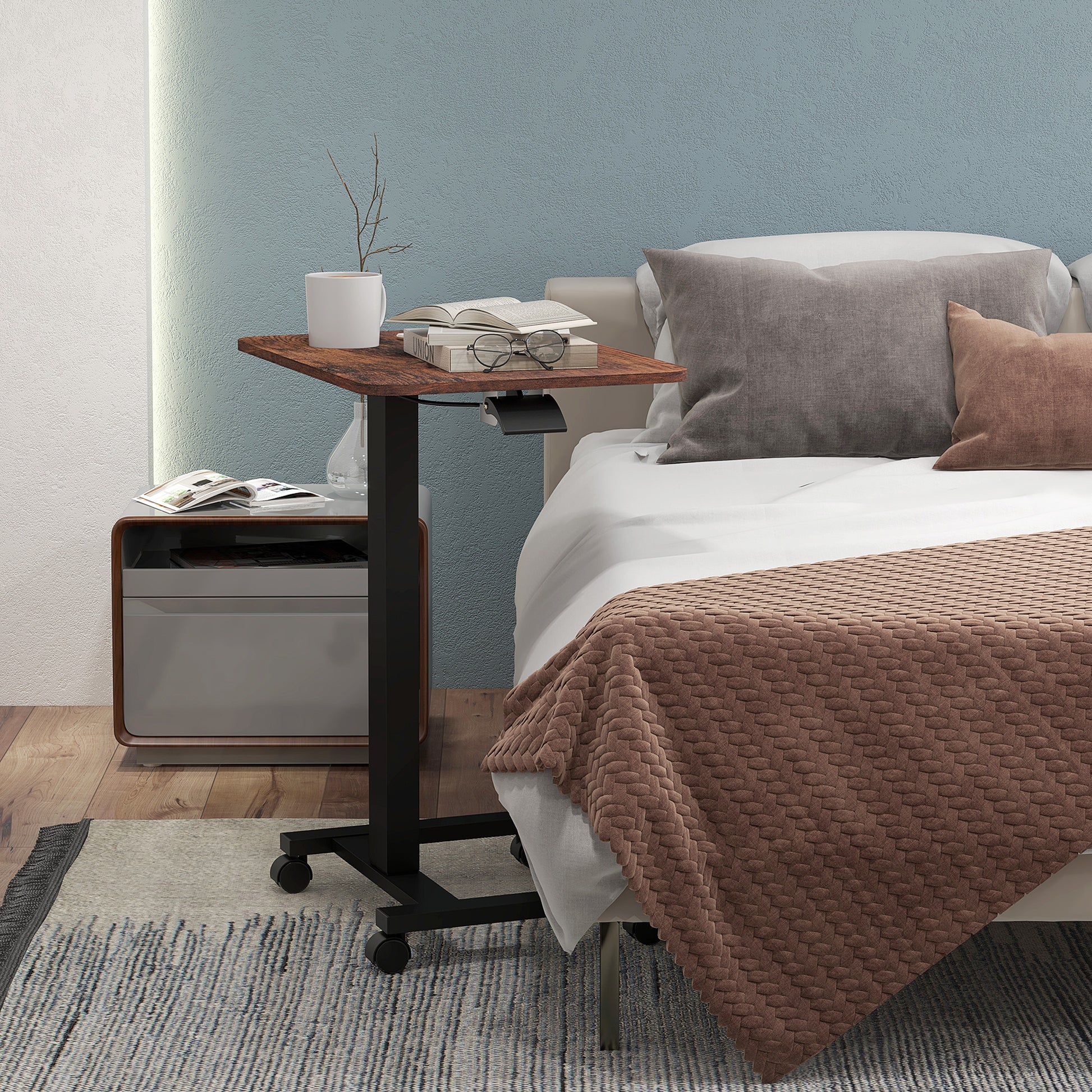 Height Adjustable Computer Desk, Laptop Table with Wheels, Sit-Stand Desk, Mobile Side Table with Hand Crank for Living Room, Bedroom, Rustic Brown