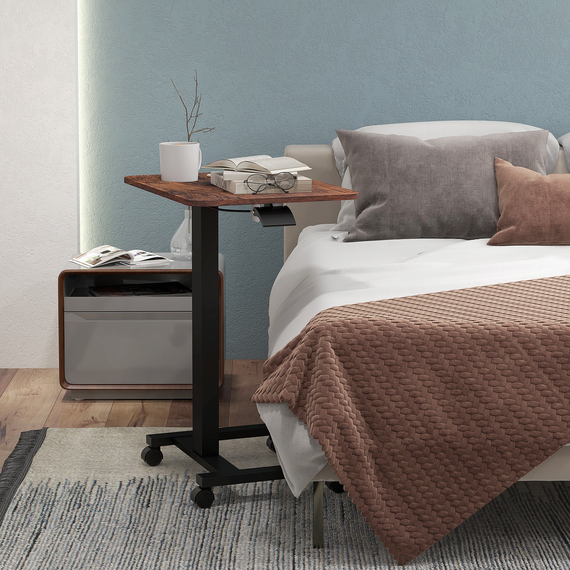 Height Adjustable Computer Desk, Laptop Table with Wheels, Sit-Stand Desk, Mobile Side Table with Hand Crank for Living Room, Bedroom, Rustic Brown