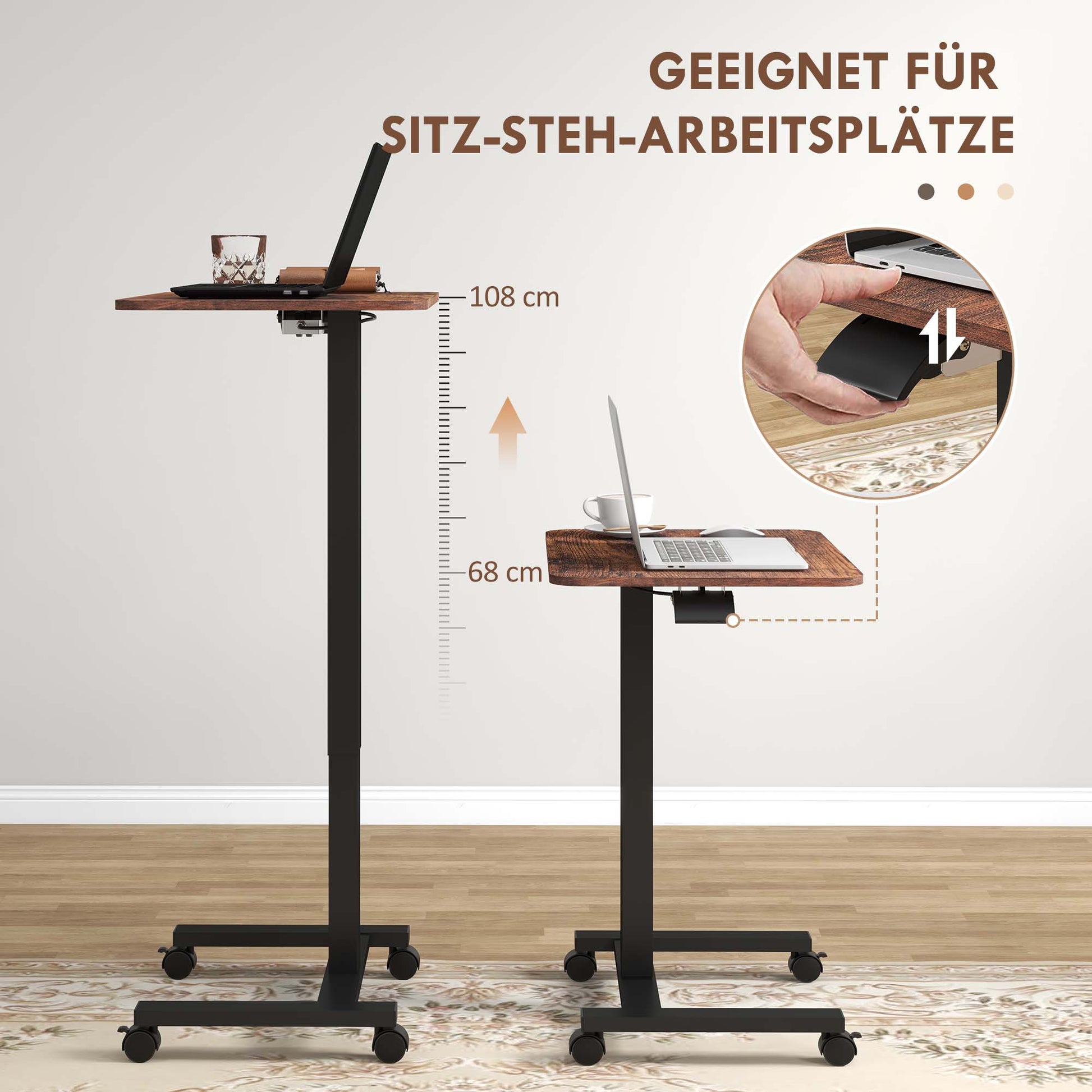 Height Adjustable Computer Desk, Laptop Table with Wheels, Sit-Stand Desk, Mobile Side Table with Hand Crank for Living Room, Bedroom, Rustic Brown