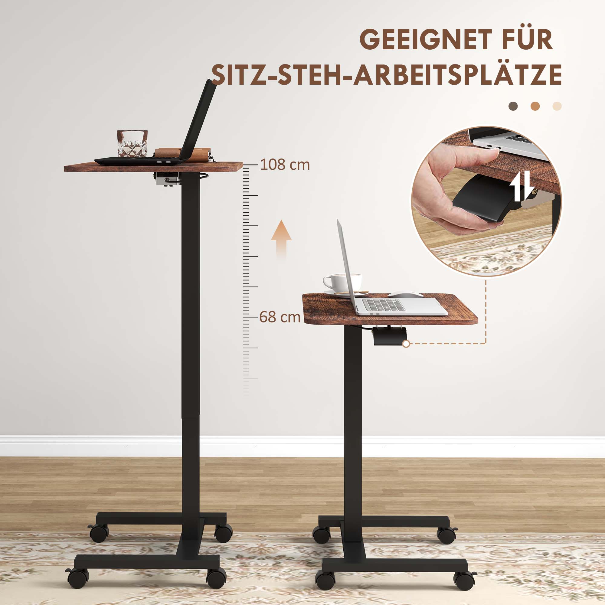 Height Adjustable Computer Desk, Laptop Table with Wheels, Sit-Stand Desk, Mobile Side Table with Hand Crank for Living Room, Bedroom, Rustic Brown