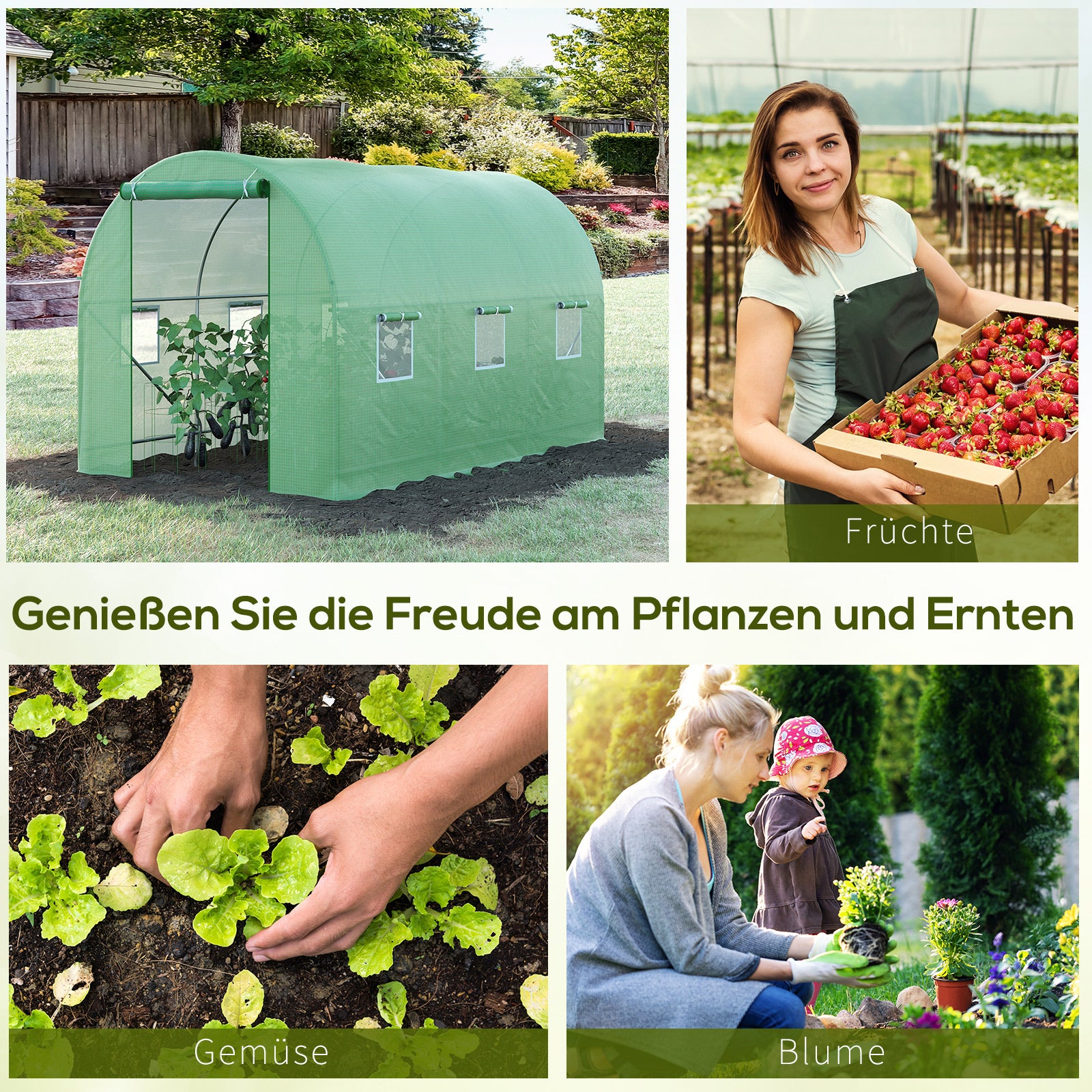 Greenhouse 350x200x200cm Foil Greenhouse Tomato House with Door, 6 Windows, Foil Tunnel made of galvanized steel, PE, stable greenhouse plant tunnel, including ground anchors & ropes, Green