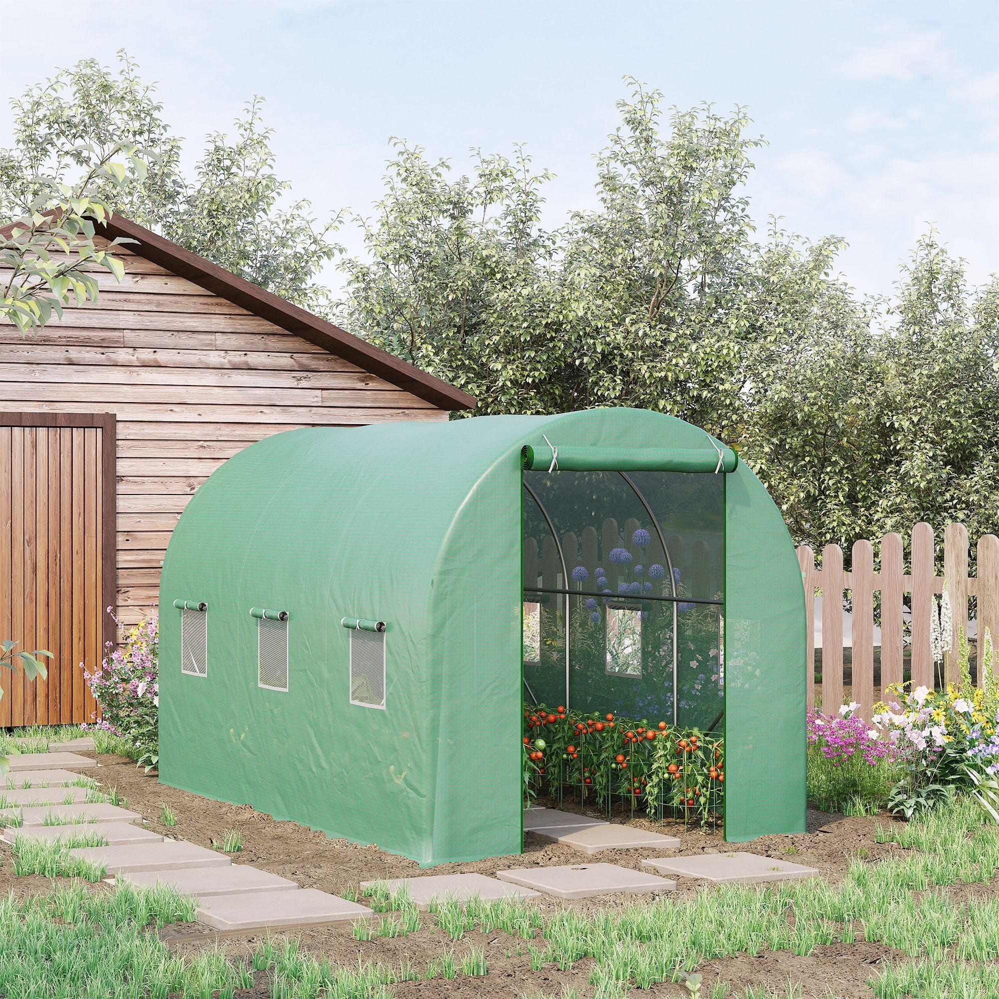 Greenhouse 350x200x200cm Foil Greenhouse Tomato House with Door, 6 Windows, Foil Tunnel made of galvanized steel, PE, stable greenhouse plant tunnel, including ground anchors & ropes, Green