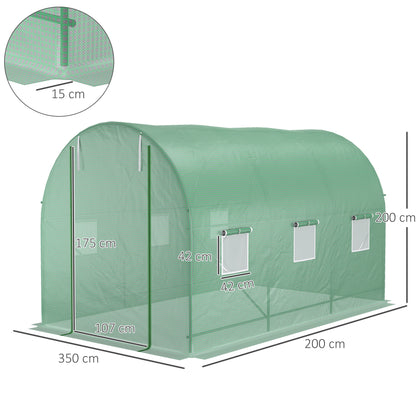 Greenhouse 350x200x200cm Foil Greenhouse Tomato House with Door, 6 Windows, Foil Tunnel made of galvanized steel, PE, stable greenhouse plant tunnel, including ground anchors & ropes, Green