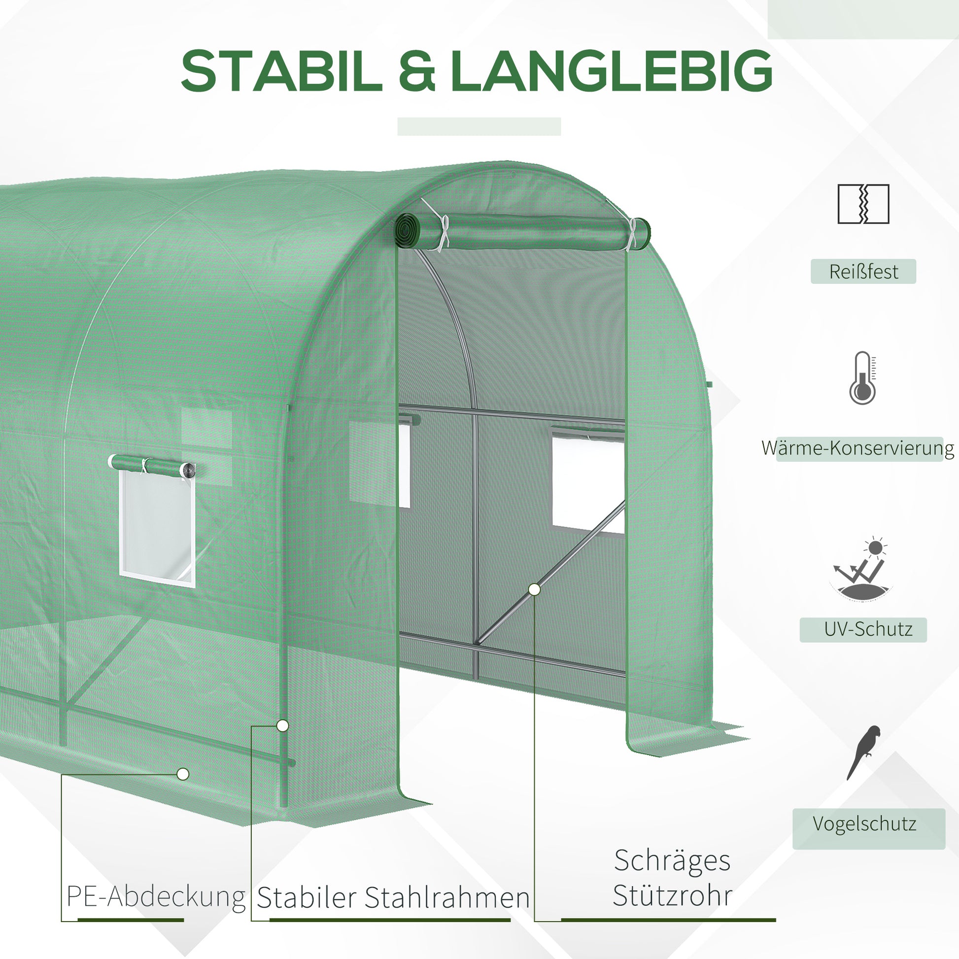 Greenhouse 350x200x200cm Foil Greenhouse Tomato House with Door, 6 Windows, Foil Tunnel made of galvanized steel, PE, stable greenhouse plant tunnel, including ground anchors & ropes, Green