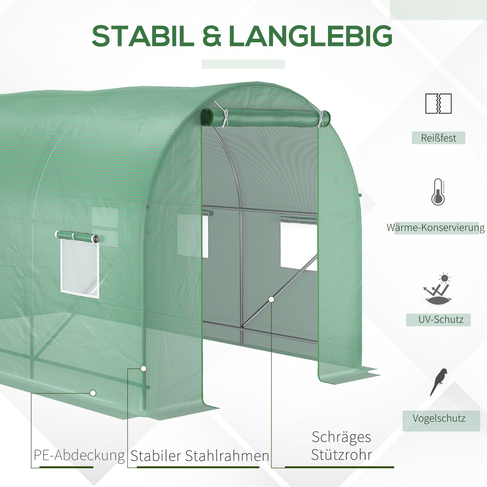 Greenhouse 350x200x200cm Foil Greenhouse Tomato House with Door, 6 Windows, Foil Tunnel made of galvanized steel, PE, stable greenhouse plant tunnel, including ground anchors & ropes, Green