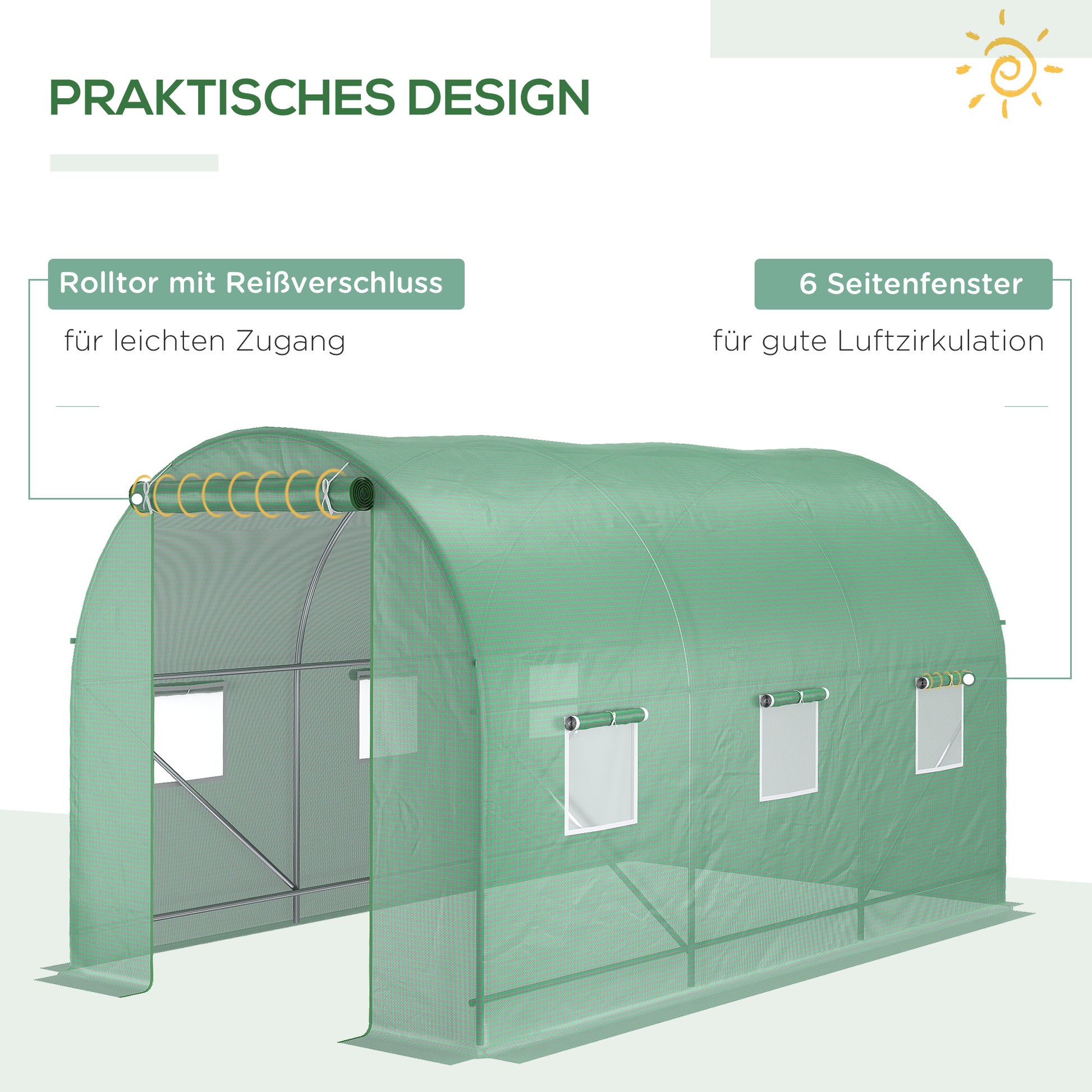 Greenhouse 350x200x200cm Foil Greenhouse Tomato House with Door, 6 Windows, Foil Tunnel made of galvanized steel, PE, stable greenhouse plant tunnel, including ground anchors & ropes, Green