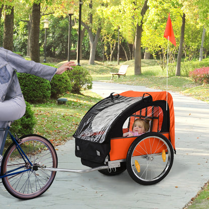 Children's Bike Trailer with 2 Seats, 2 Safety Belts, Steel Frame, and Orange Oxford Fabric Cover
