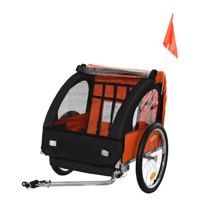 Children's Bike Trailer with 2 Seats, 2 Safety Belts, Steel Frame, and Orange Oxford Fabric Cover