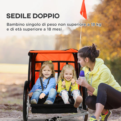 Children's Bike Trailer with 2 Seats, 2 Safety Belts, Steel Frame, and Orange Oxford Fabric Cover