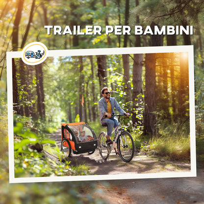 Children's Bike Trailer with 2 Seats, 2 Safety Belts, Steel Frame, and Orange Oxford Fabric Cover