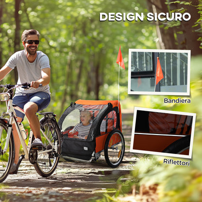 Children's Bike Trailer with 2 Seats, 2 Safety Belts, Steel Frame, and Orange Oxford Fabric Cover