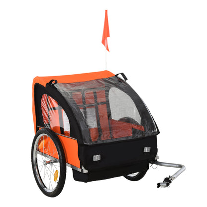 Children's Bike Trailer with 2 Seats, 2 Safety Belts, Steel Frame, and Orange Oxford Fabric Cover