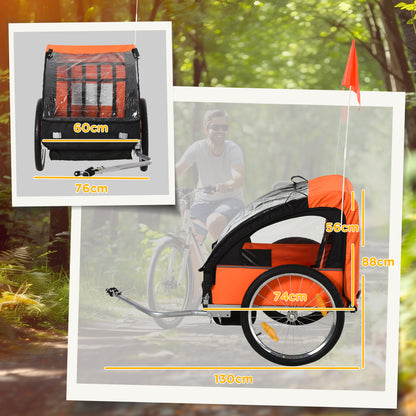 Children's Bike Trailer with 2 Seats, 2 Safety Belts, Steel Frame, and Orange Oxford Fabric Cover