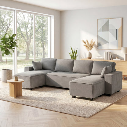 Corner Sectional 311 cm with Double Chaises, U-Shaped Corduroy Sofa with Wide Deep Seats, Pocket Spring Cushions, Wide Armrests, 4-Seater Living Room Sofa, Light Gray