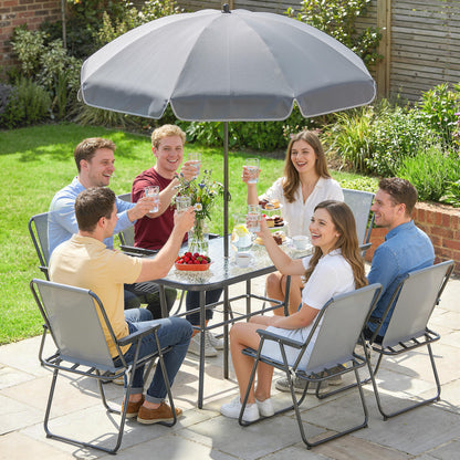 8-Piece Outdoor Patio Set — Table with Tempered Glass Top, 6 Folding Chairs & Parasol, Rust-Resistant Steel Frame, Grey