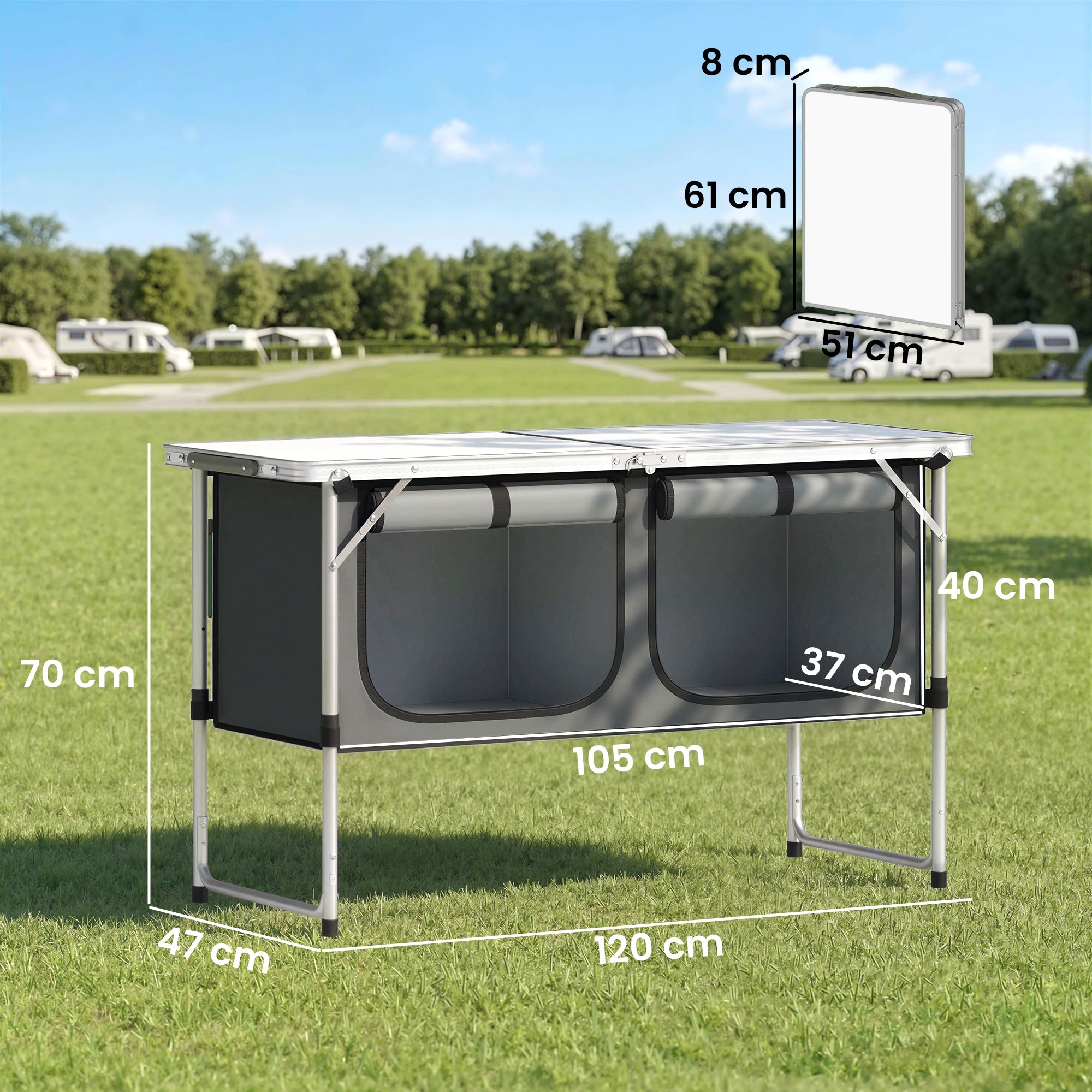 Folding Camping Kitchen Table with Portable Oxford Fabric Cabinet, Aluminum Frame, for Picnic, BBQ & Outdoor Activities, 47.2 x 18.5 x 27.6 in, Silver