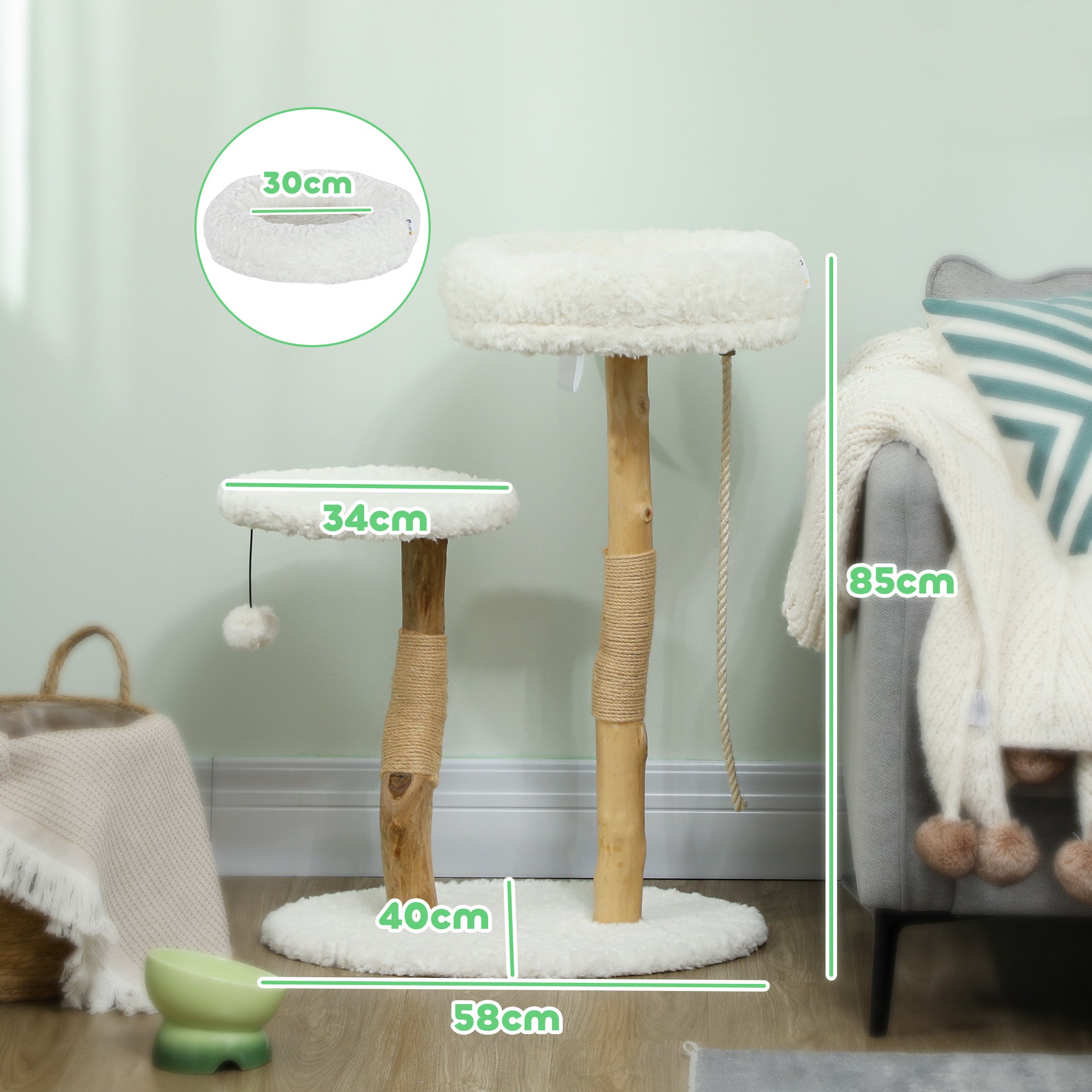 Cat Tree, 85 cm, Climbing Tree with Bed, Scratching Posts, Jump Platform, Ball and Play Rope, for Indoor, White