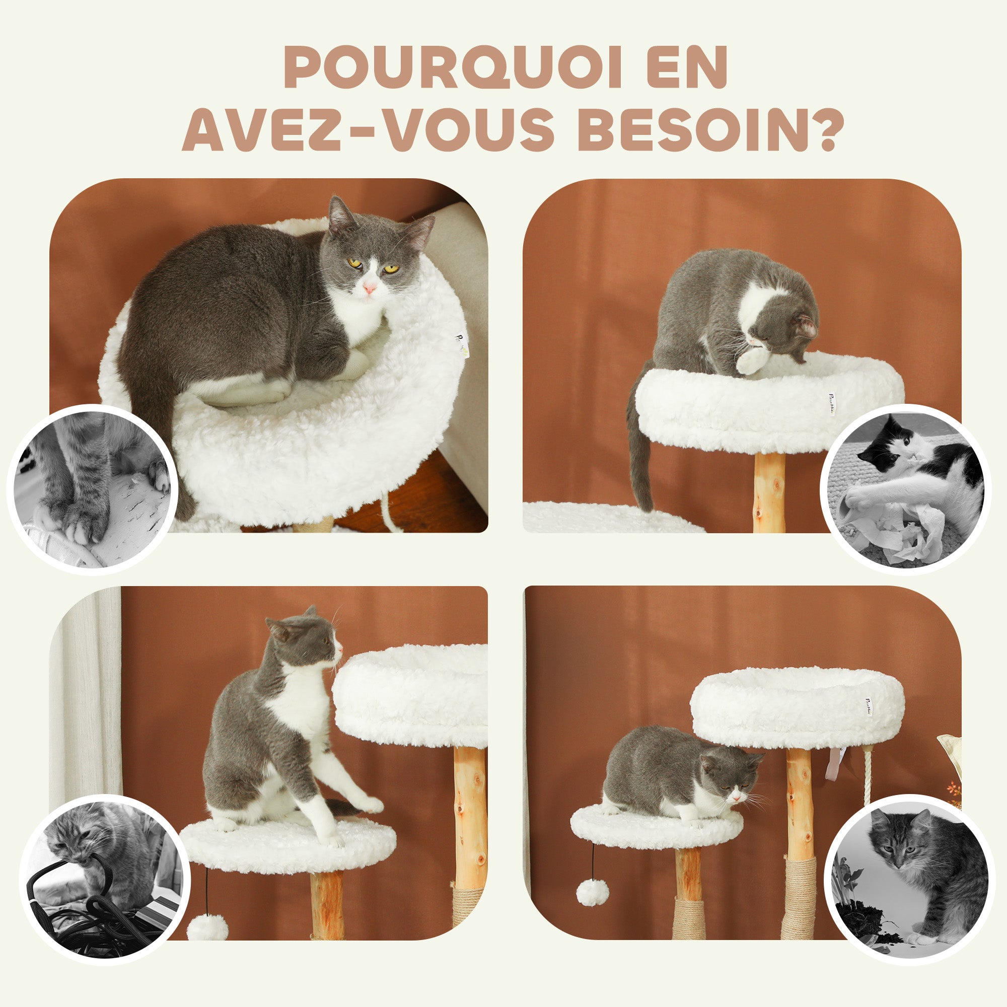Cat Tree, 85 cm, Climbing Tree with Bed, Scratching Posts, Jump Platform, Ball and Play Rope, for Indoor, White