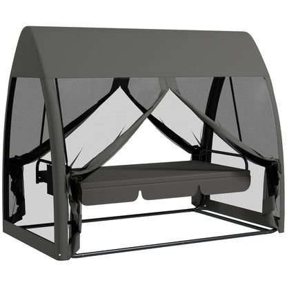 2-in-1 Hollywood Swing Lounger with Lying Function 3-Seater Garden Swing with Canopy, Mosquito Net, Swing Bench Supports up to 300kg, Lounger for Garden, Terrace, 240 x 140 x 197 cm, Gray