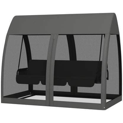 2-in-1 Hollywood Swing Lounger with Lying Function 3-Seater Garden Swing with Canopy, Mosquito Net, Swing Bench Supports up to 300kg, Lounger for Garden, Terrace, 240 x 140 x 197 cm, Gray