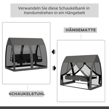 2-in-1 Hollywood Swing Lounger with Lying Function 3-Seater Garden Swing with Canopy, Mosquito Net, Swing Bench Supports up to 300kg, Lounger for Garden, Terrace, 240 x 140 x 197 cm, Gray