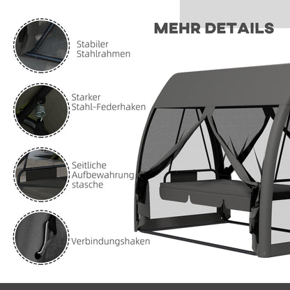 2-in-1 Hollywood Swing Lounger with Lying Function 3-Seater Garden Swing with Canopy, Mosquito Net, Swing Bench Supports up to 300kg, Lounger for Garden, Terrace, 240 x 140 x 197 cm, Gray