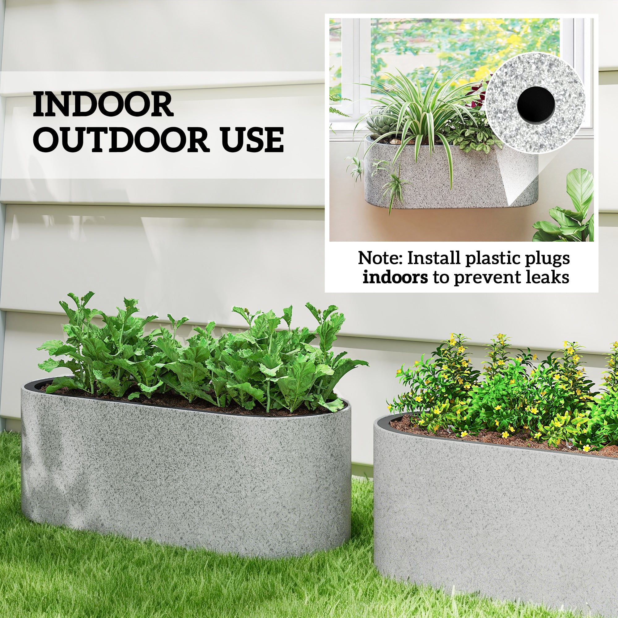 2-Pack Hanging Oval Planters with Self-Watering System, Drain Plug & Hooks — 42 x 16 x 15 cm (16.5 x 6.3 x 5.9 in), Light Gray