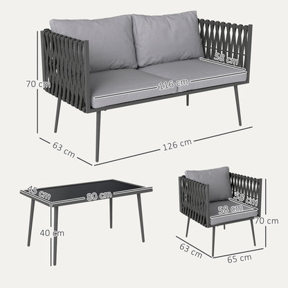 Garden Furniture Set 4 Persons Weatherproof Balcony Furniture Set with 2-Seater Sofa, Chair Glass Table Seat Cushions Outdoor Seating Group Garden Furniture Garden Lounge for Garden Balcony Light Gray
