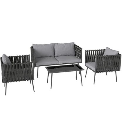 Garden Furniture Set 4 Persons Weatherproof Balcony Furniture Set with 2-Seater Sofa, Chair Glass Table Seat Cushions Outdoor Seating Group Garden Furniture Garden Lounge for Garden Balcony Light Gray