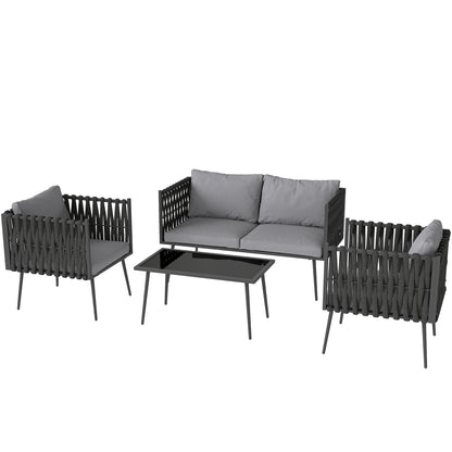 Garden Furniture Set 4 Persons Weatherproof Balcony Furniture Set with 2-Seater Sofa, Chair Glass Table Seat Cushions Outdoor Seating Group Garden Furniture Garden Lounge for Garden Balcony Light Gray