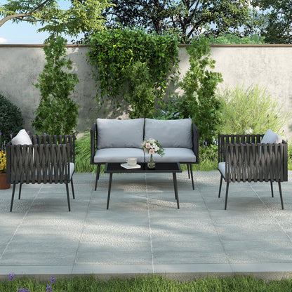 Garden Furniture Set 4 Persons Weatherproof Balcony Furniture Set with 2-Seater Sofa, Chair Glass Table Seat Cushions Outdoor Seating Group Garden Furniture Garden Lounge for Garden Balcony Light Gray