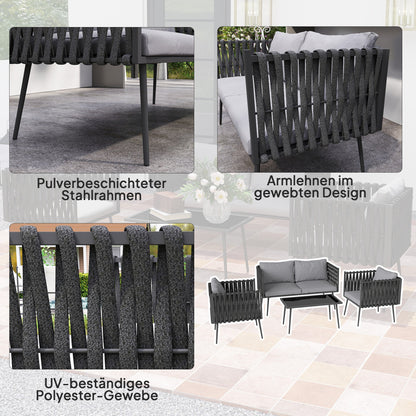 Garden Furniture Set 4 Persons Weatherproof Balcony Furniture Set with 2-Seater Sofa, Chair Glass Table Seat Cushions Outdoor Seating Group Garden Furniture Garden Lounge for Garden Balcony Light Gray