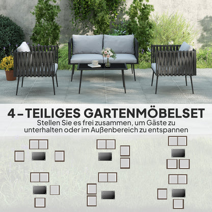 Garden Furniture Set 4 Persons Weatherproof Balcony Furniture Set with 2-Seater Sofa, Chair Glass Table Seat Cushions Outdoor Seating Group Garden Furniture Garden Lounge for Garden Balcony Light Gray