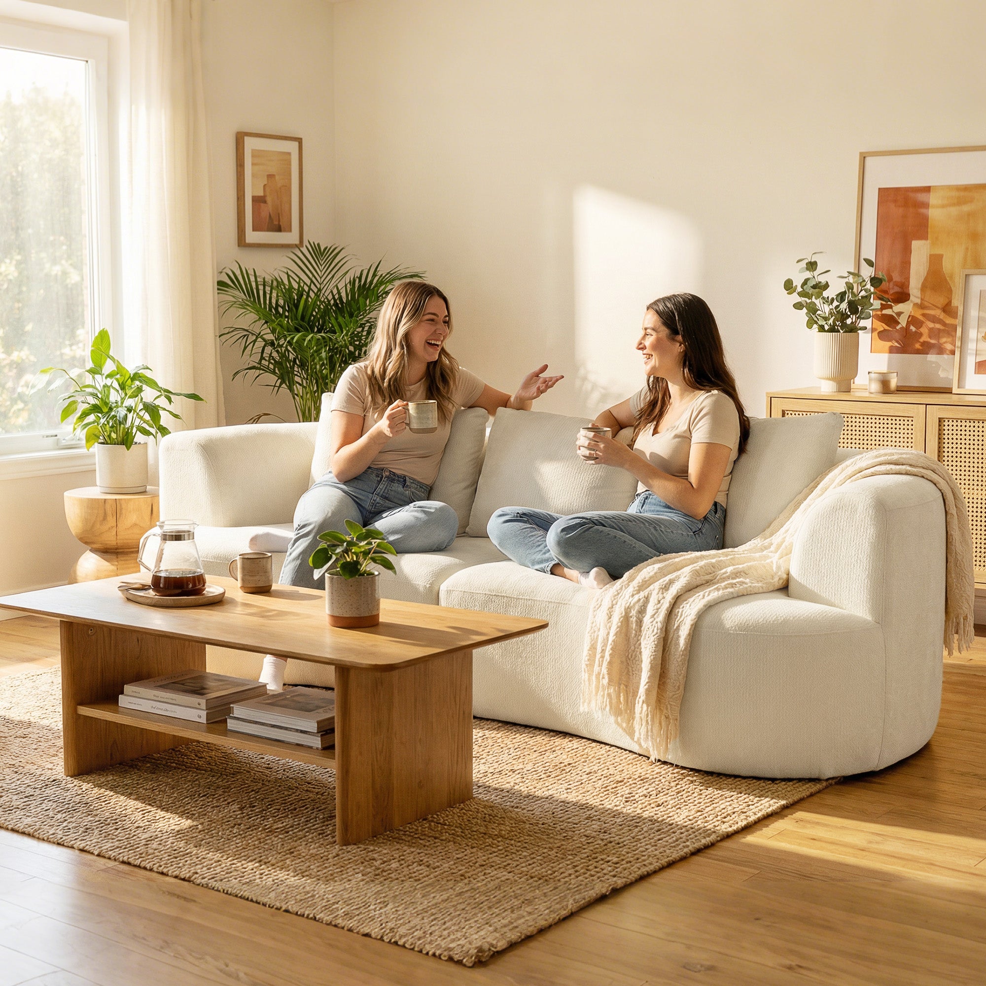 3-Seater Sofa, 260 cm Chenille Cloud Couch with 3 Lumbar Cushions, Wide Armrests, Padded Seat — Cream White