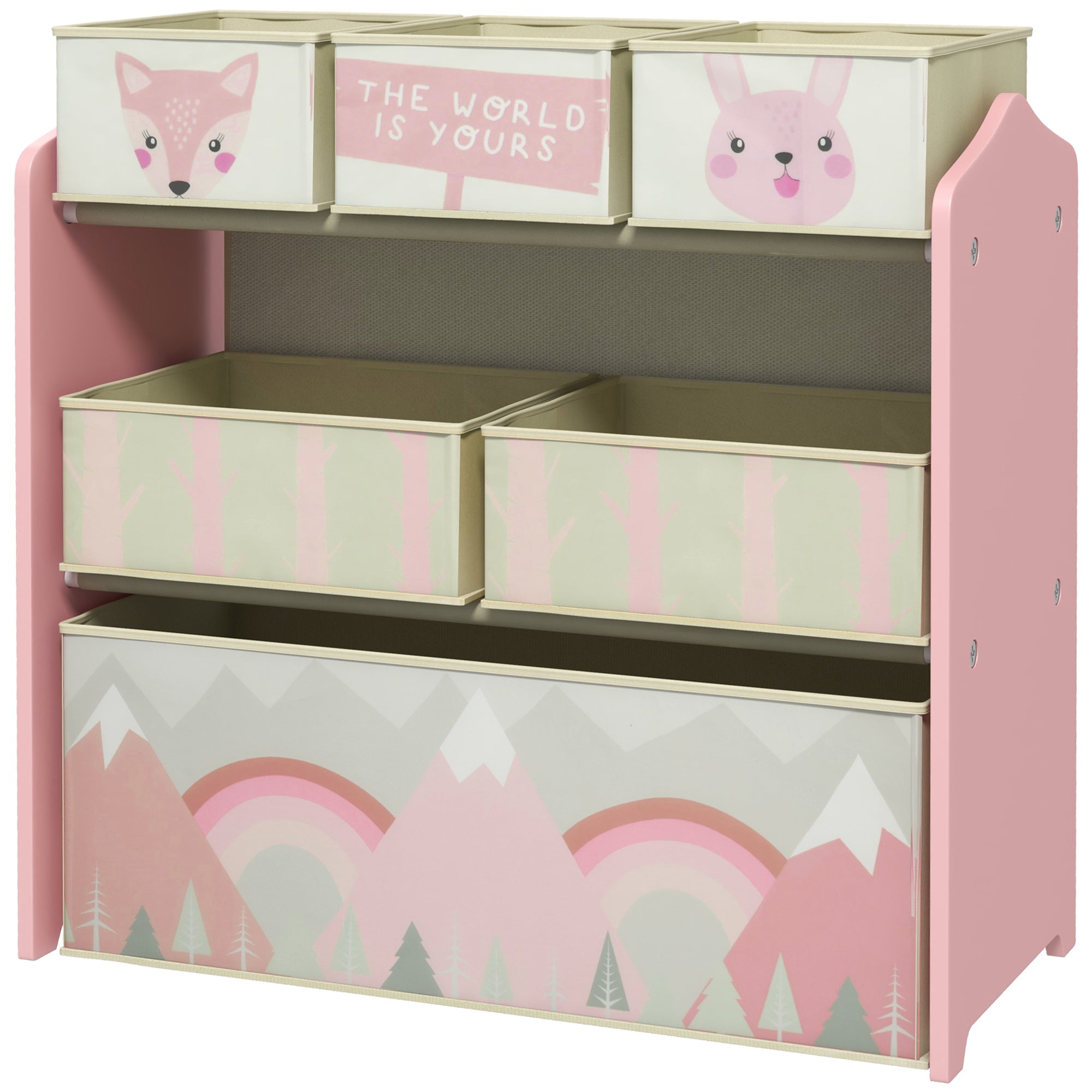 ZONEKIZ Kids Bookcase — Toy Organizer with 6 Removable Non-Woven Fabric Bins, Pink, 63 x 30 x 66 cm (24.8 x 11.8 x 26.0 in)