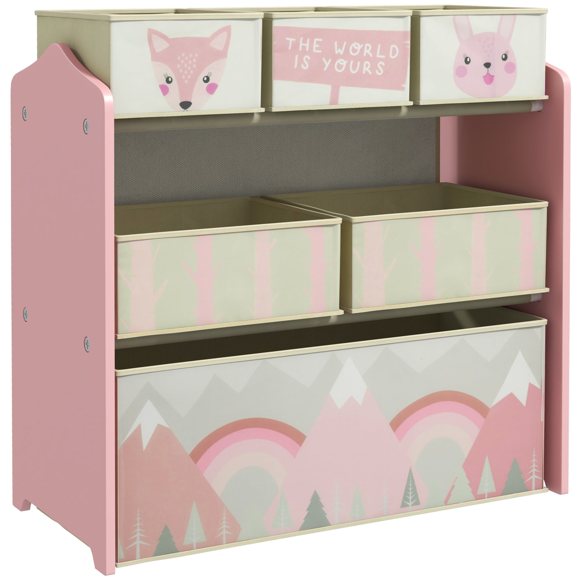 ZONEKIZ Kids Bookcase — Toy Organizer with 6 Removable Non-Woven Fabric Bins, Pink, 63 x 30 x 66 cm (24.8 x 11.8 x 26.0 in)