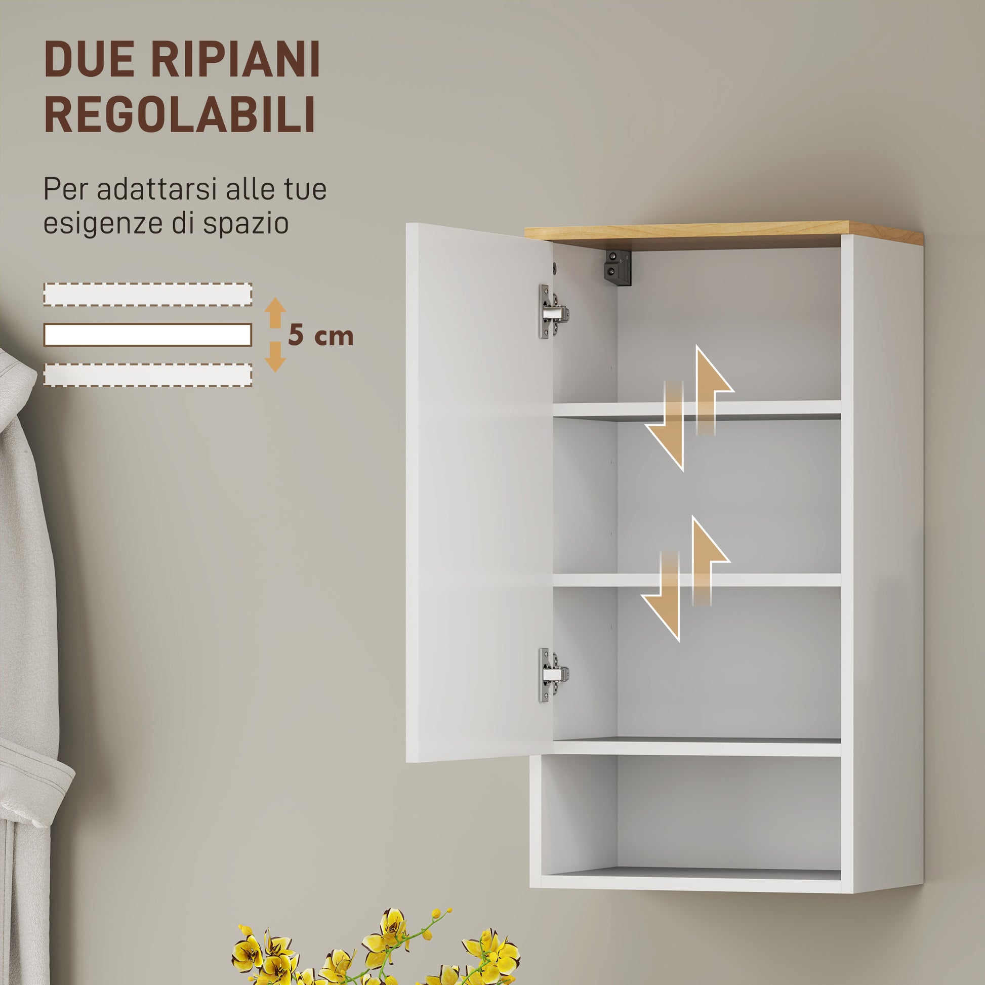 Wall Mounted Bathroom Cabinet with Adjustable Shelves and Door, Bathroom Storage Cabinet with Open Shelf in Wood and MDF, 40x27x77 cm, White