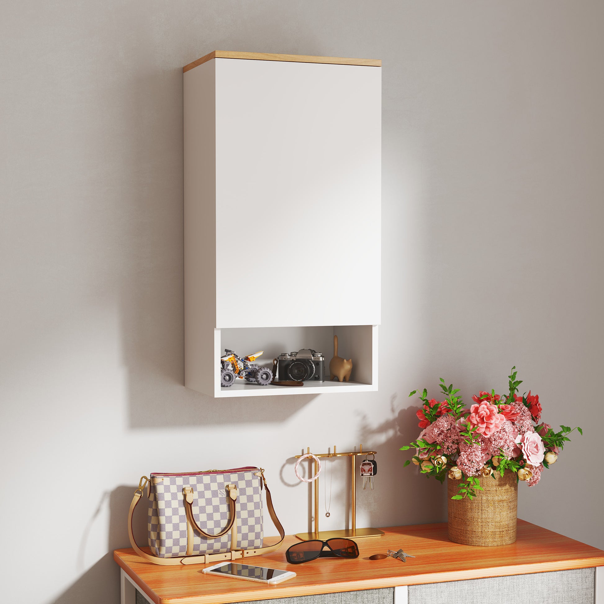 Wall Mounted Bathroom Cabinet with Adjustable Shelves and Door, Bathroom Storage Cabinet with Open Shelf in Wood and MDF, 40x27x77 cm, White