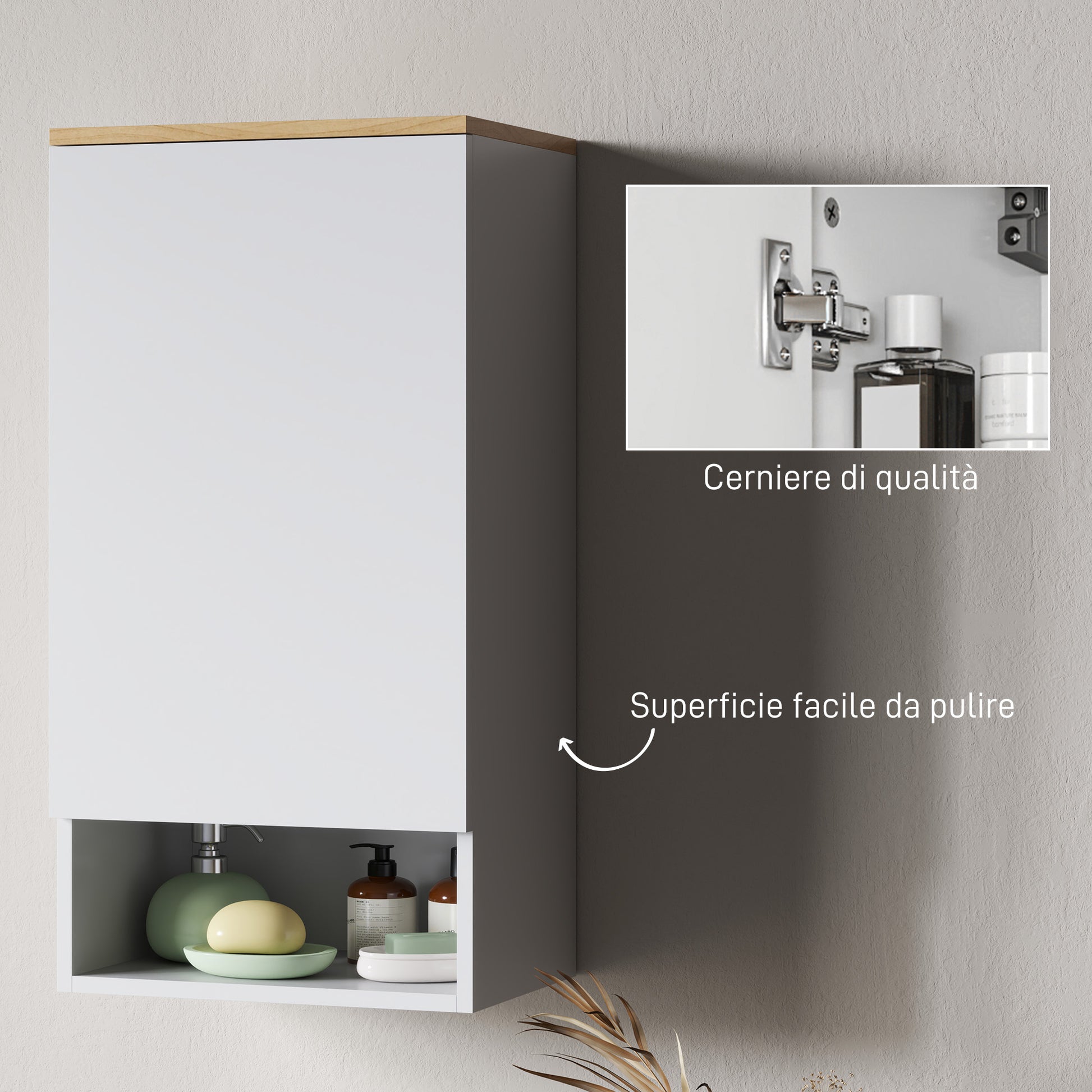 Wall Mounted Bathroom Cabinet with Adjustable Shelves and Door, Bathroom Storage Cabinet with Open Shelf in Wood and MDF, 40x27x77 cm, White